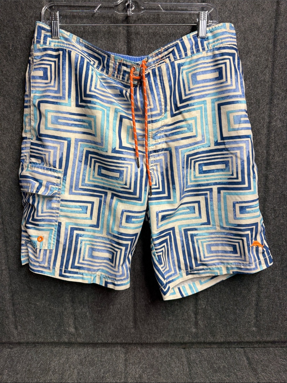 Tommy Bahama Blue Geometric Swim Board Shorts with Orange Drawstring